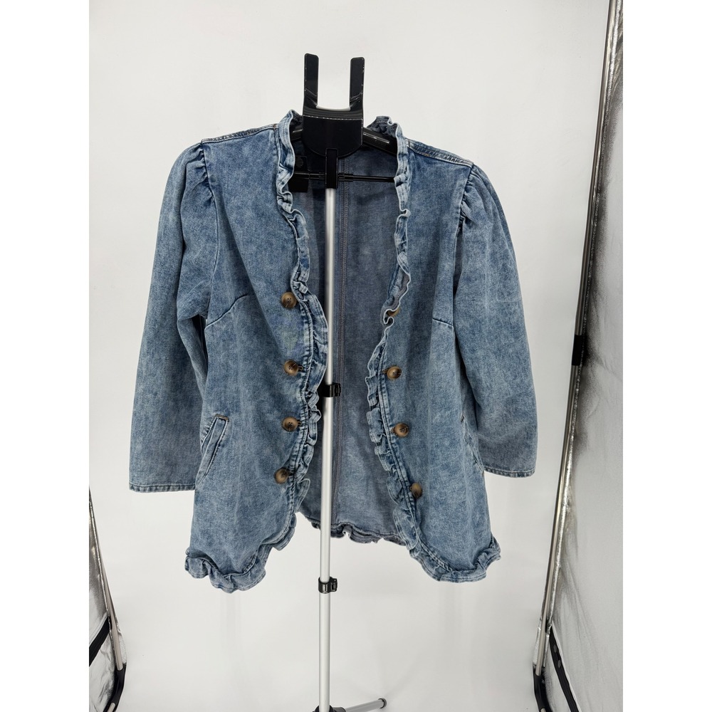 Denim Ruffle Jacket Womens 1XL Blue Excellent Acid Wash Puff Sleeve